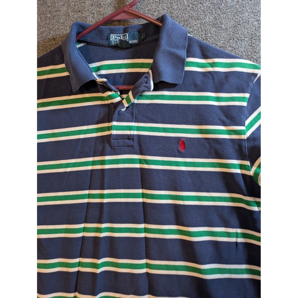 Polo Ralph Lauren Shirt Men's Blue Stripe Short Sleeve Golf Size Lg Red Pony - Picture 6 of 8